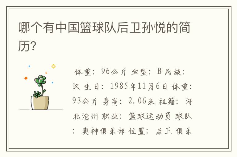 哪个有中国篮球队后卫孙悦的简历?