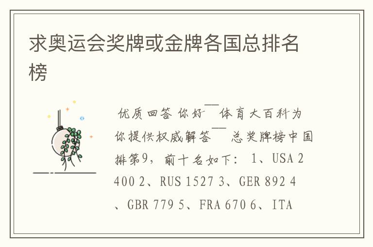 求奥运会奖牌或金牌各国总排名榜