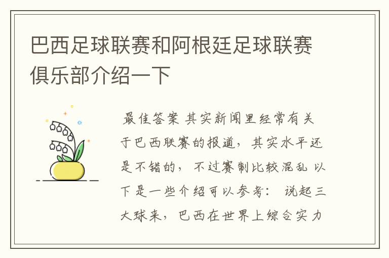 巴西足球联赛和阿根廷足球联赛俱乐部介绍一下