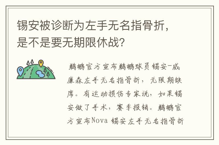 锡安被诊断为左手无名指骨折,是不是要无期限休战?
