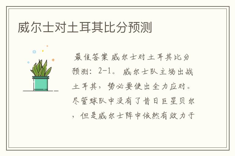 威尔士对土耳其比分预测