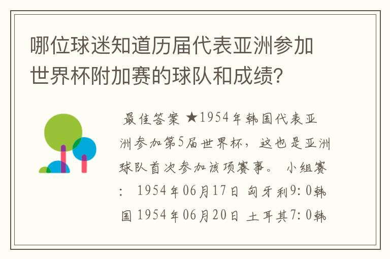 哪位球迷知道历届代表亚洲参加世界杯附加赛的球队和成绩?