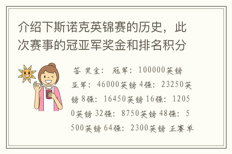 介绍下斯诺克英锦赛的历史,此次赛事的冠亚军奖金和排名积分各是多少?