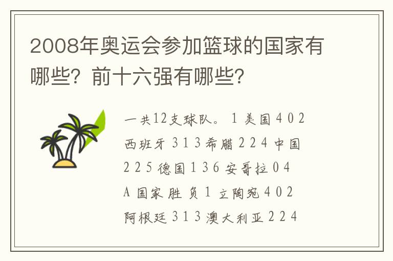 2008年奥运会参加篮球的国家有哪些?前十六强有哪些?
