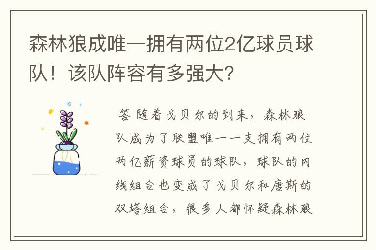 森林狼成唯一拥有两位2亿球员球队!该队阵容有多强大?