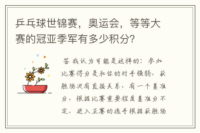 乒乓球世锦赛,奥运会,等等大赛的冠亚季军有多少积分?