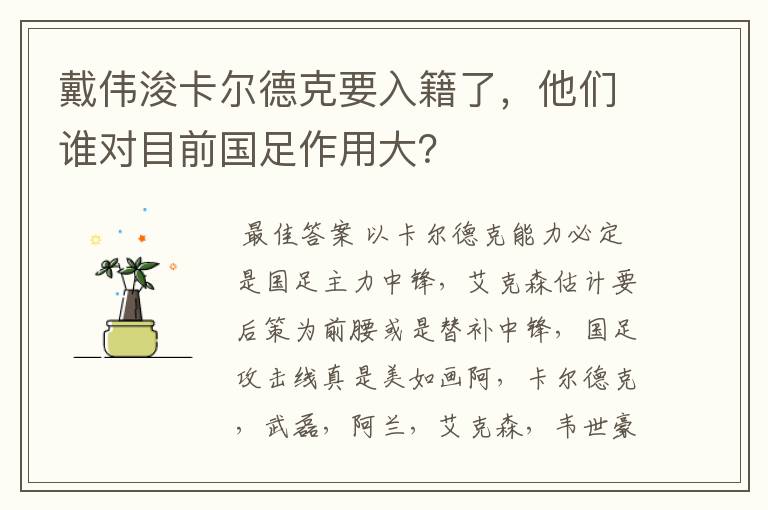 戴伟浚卡尔德克要入籍了,他们谁对目前国足作用大?