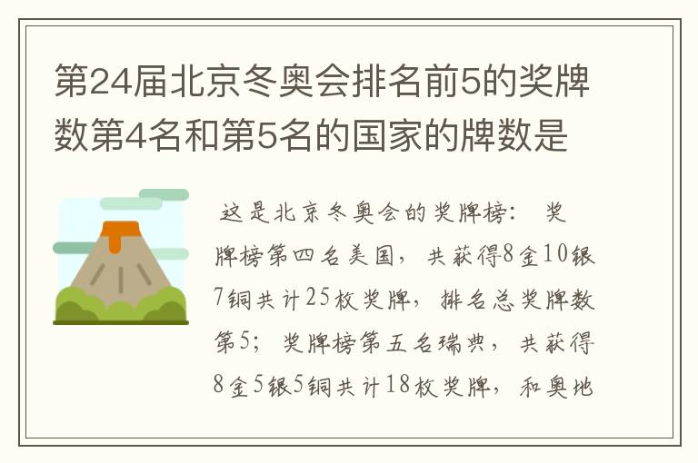 第24届北京冬奥会排名前5的奖牌数第4名和第5名的国家的牌数是多少?