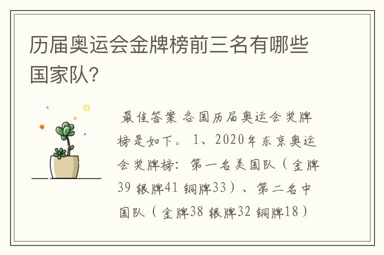 历届奥运会金牌榜前三名有哪些国家队?