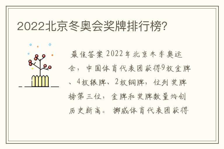2022北京冬奥会奖牌排行榜?