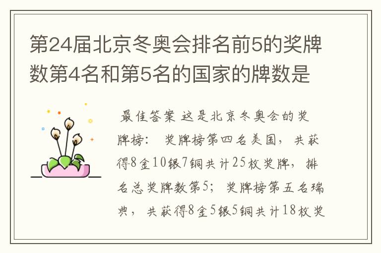 第24届北京冬奥会排名前5的奖牌数第4名和第5名的国家的牌数是多少?