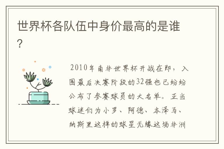 世界杯各队伍中身价最高的是谁?