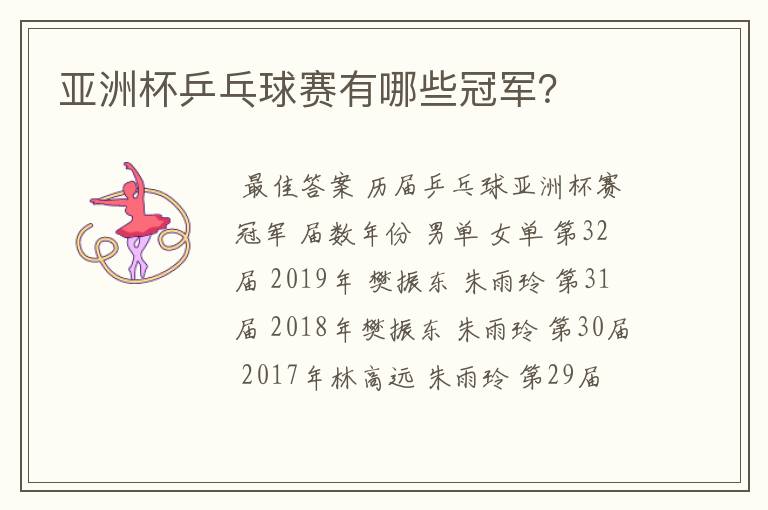亚洲杯乒乓球赛有哪些冠军?