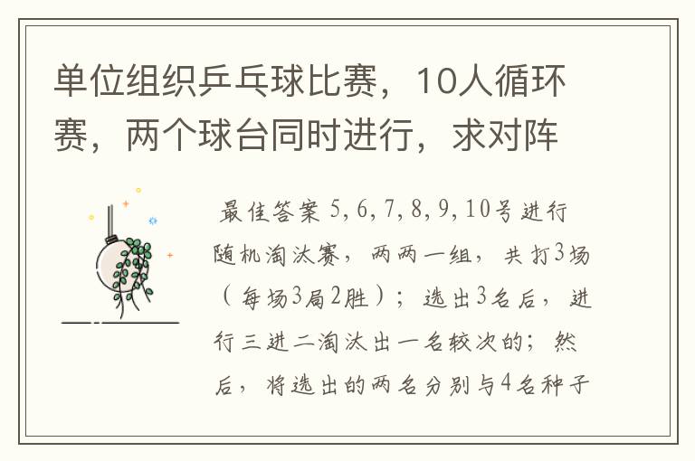 单位组织乒乓球比赛,10人循环赛,两个球台同时进行,求对阵表
