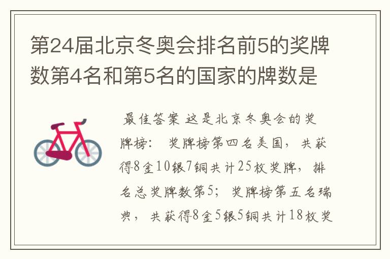 第24届北京冬奥会排名前5的奖牌数第4名和第5名的国家的牌数是多少?