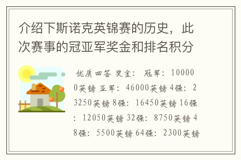 介绍下斯诺克英锦赛的历史,此次赛事的冠亚军奖金和排名积分各是多少?