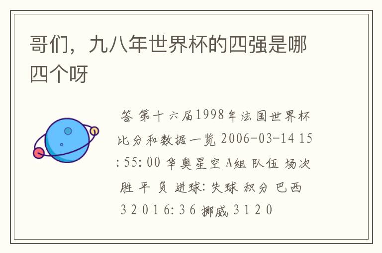 哥们,九八年世界杯的四强是哪四个呀