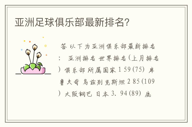 亚洲足球俱乐部最新排名?