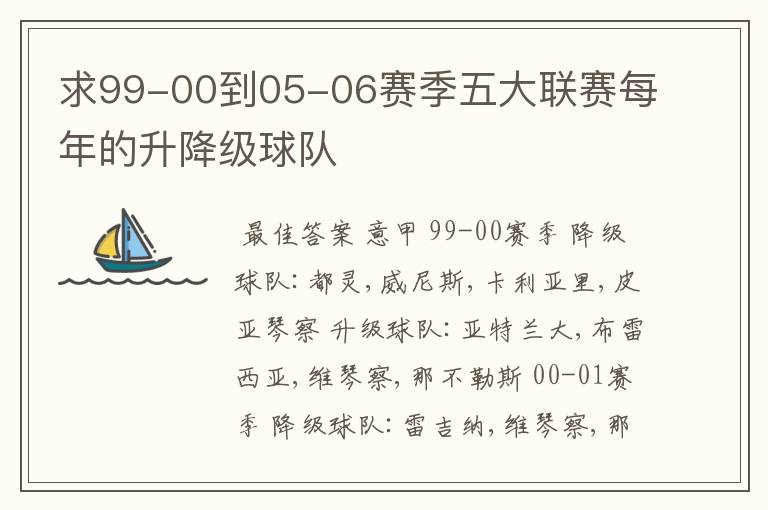 求99-00到05-06赛季五大联赛每年的升降级球队