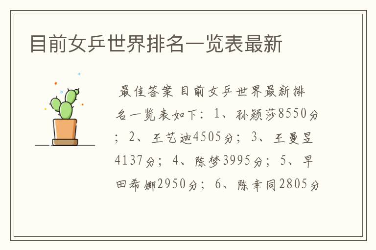 目前女乒世界排名一览表最新