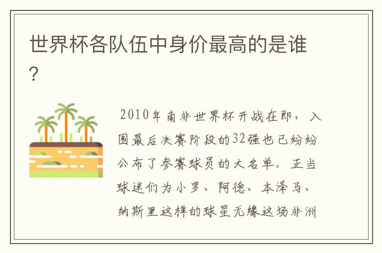 世界杯各队伍中身价最高的是谁?