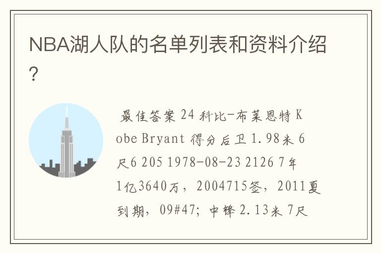 NBA湖人队的名单列表和资料介绍?