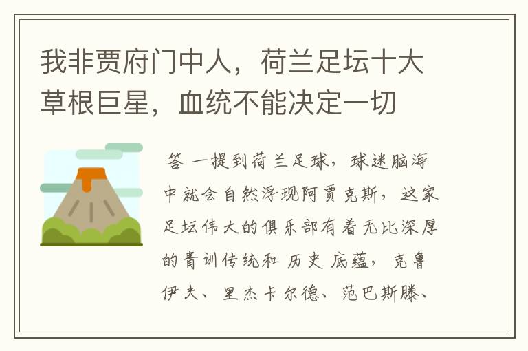 我非贾府门中人,荷兰足坛十大草根巨星,血统不能决定一切