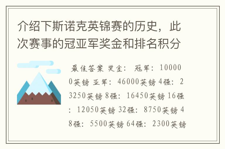 介绍下斯诺克英锦赛的历史,此次赛事的冠亚军奖金和排名积分各是多少?