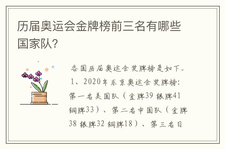 历届奥运会金牌榜前三名有哪些国家队?