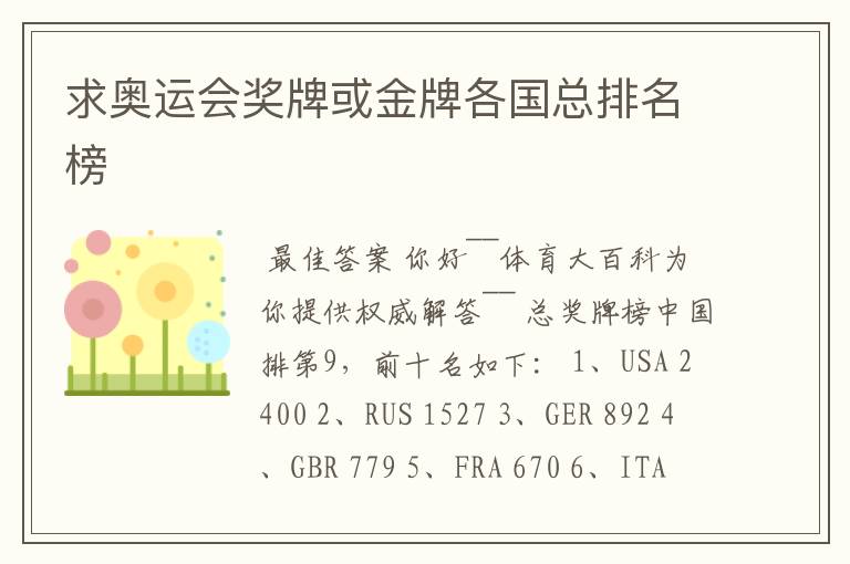 求奥运会奖牌或金牌各国总排名榜
