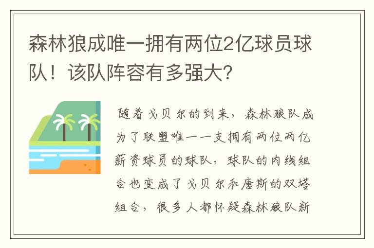 森林狼成唯一拥有两位2亿球员球队!该队阵容有多强大?