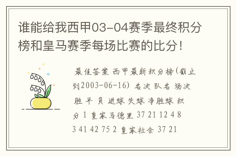 谁能给我西甲03-04赛季最终积分榜和皇马赛季每场比赛的比分!