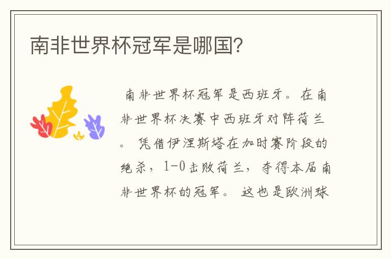 南非世界杯冠军是哪国?