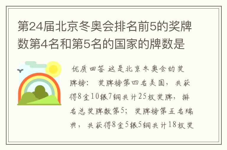 第24届北京冬奥会排名前5的奖牌数第4名和第5名的国家的牌数是多少?