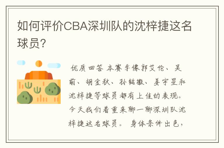 如何评价CBA深圳队的沈梓捷这名球员?