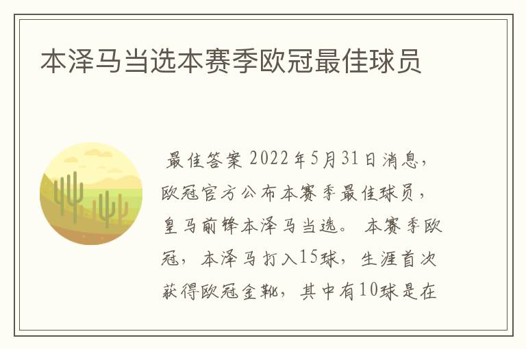 本泽马当选本赛季欧冠最佳球员