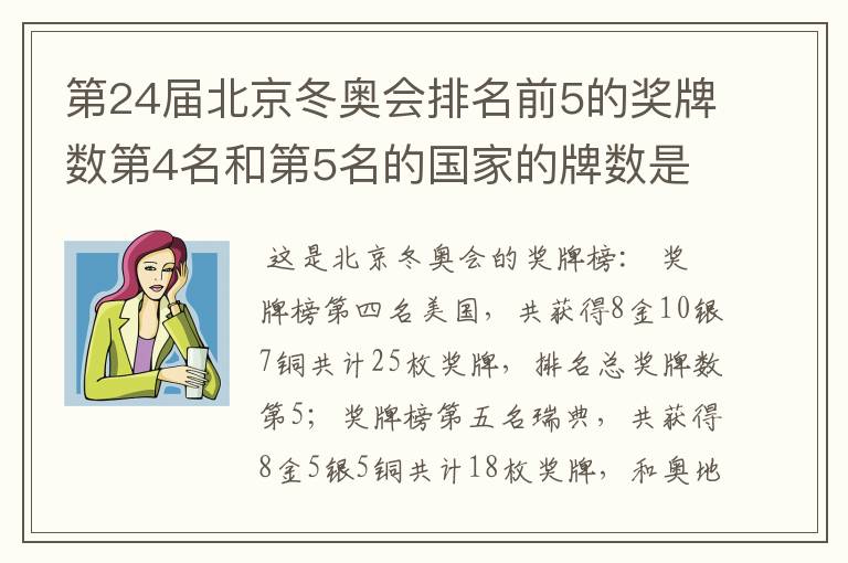 第24届北京冬奥会排名前5的奖牌数第4名和第5名的国家的牌数是多少?