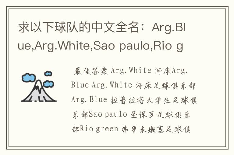 求以下球队的中文全名:Arg.Blue,Arg.White,Sao paulo,Rio green,Gio red,Urawa