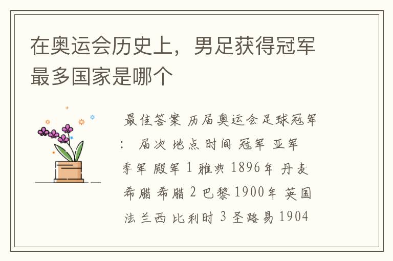 在奥运会历史上,男足获得冠军最多国家是哪个