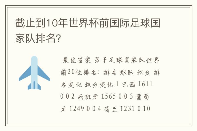 截止到10年世界杯前国际足球国家队排名?