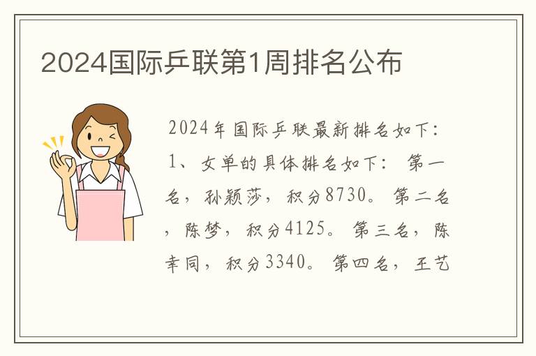 2024国际乒联第1周排名公布