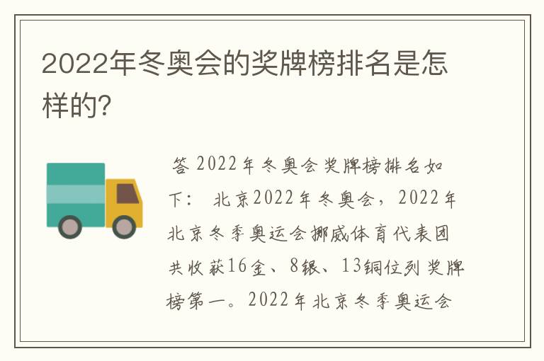 2022年冬奥会的奖牌榜排名是怎样的?