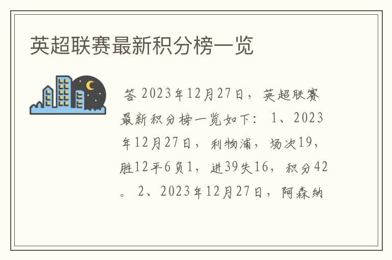 英超联赛最新积分榜一览
