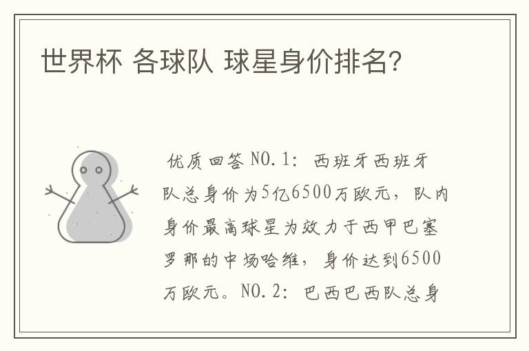 世界杯 各球队 球星身价排名?
