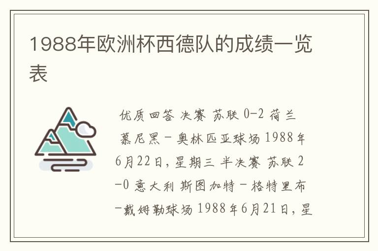 1988年欧洲杯西德队的成绩一览表