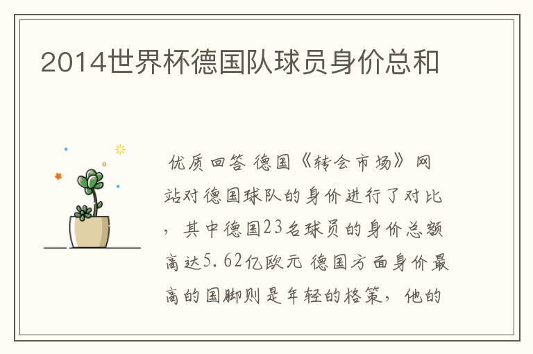 2014世界杯德国队球员身价总和