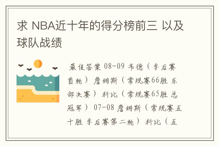 求 NBA近十年的得分榜前三 以及球队战绩