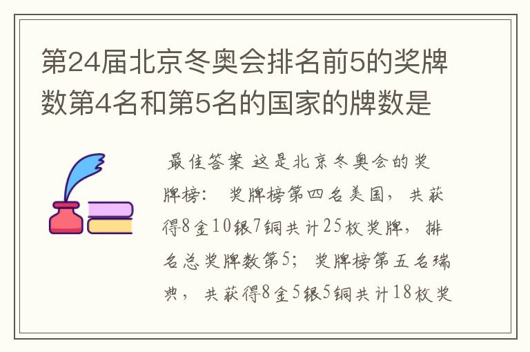 第24届北京冬奥会排名前5的奖牌数第4名和第5名的国家的牌数是多少?