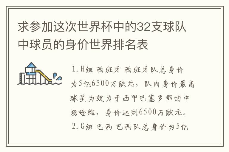 求参加这次世界杯中的32支球队中球员的身价世界排名表