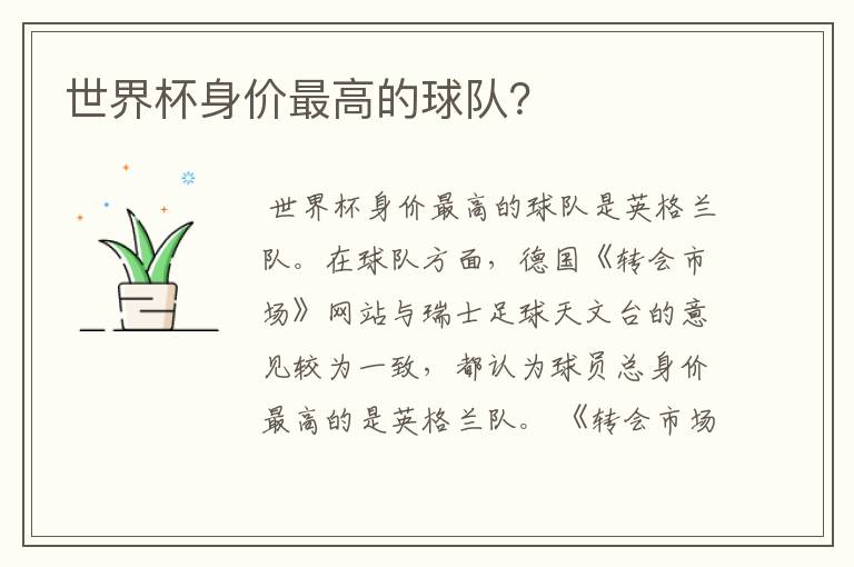 世界杯身价最高的球队？